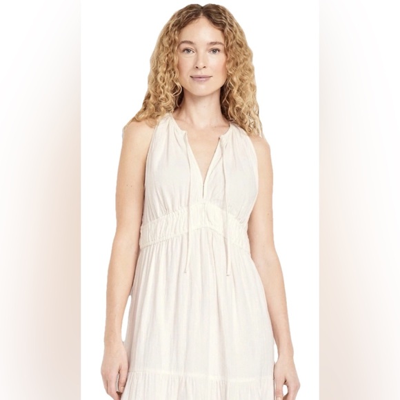 NWTS💓GAP OLD NAVY LG💓IVORY EGGSHELL TIERED MAXI DRESS ADJUSTABLE NECK STRAPS - Picture 1 of 12